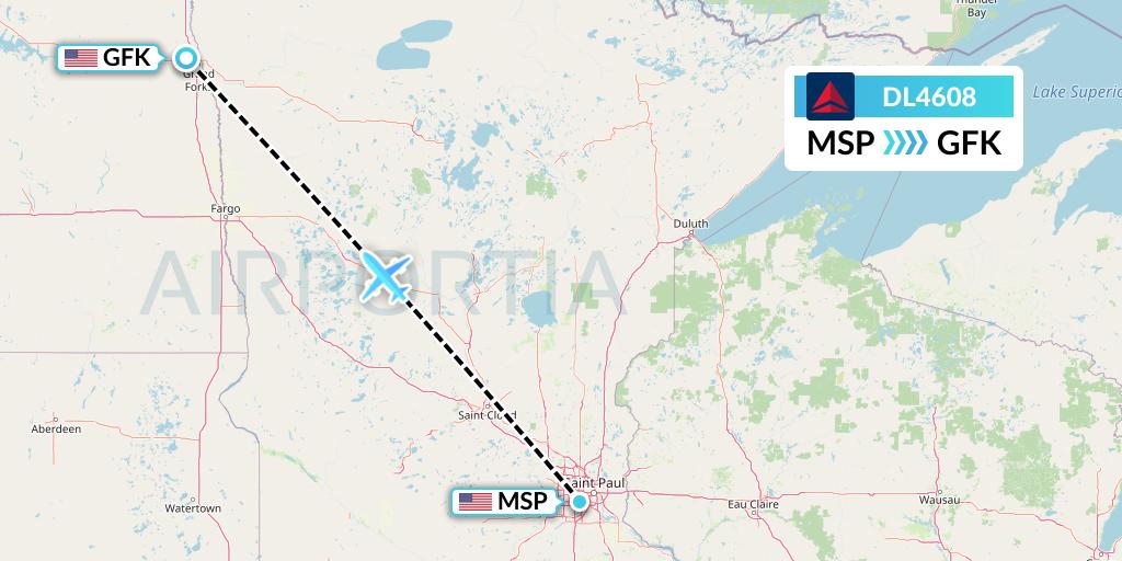 DL4608 Delta Air Lines Flight Map: Minneapolis to Grand Forks