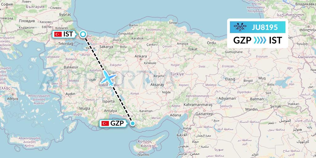 JU8195 AirSERBIA Flight Map: Gazipasa to Istanbul