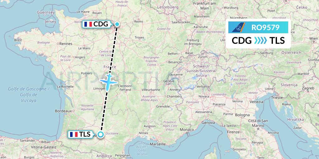 RO9579 Tarom Flight Map: Paris to Toulouse
