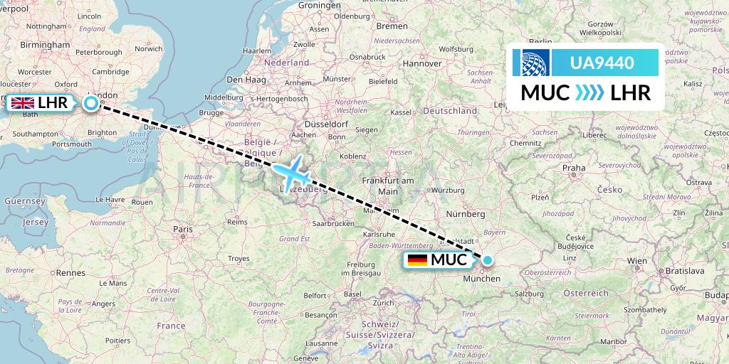 UA9440 United Airlines Flight Map: Munich to London