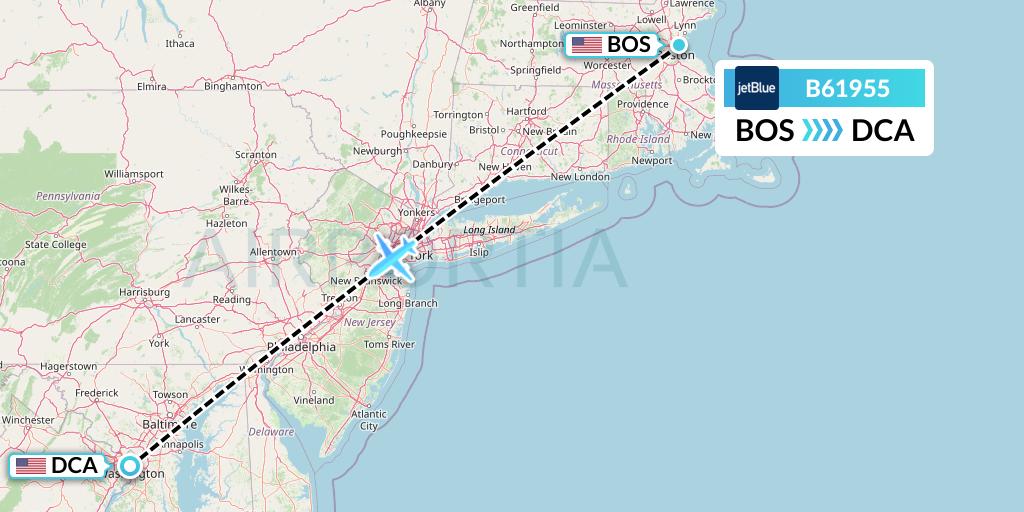 B61955 JetBlue Airways Flight Map: Boston to Washington