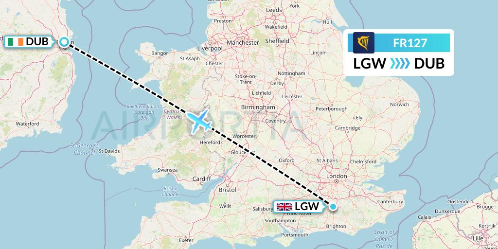 FR127 Ryanair Flight Map: London to Dublin