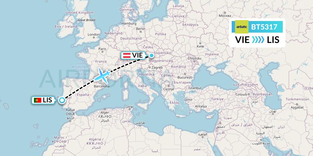 BT5317 Air Baltic Flight Map: Vienna to Lisbon