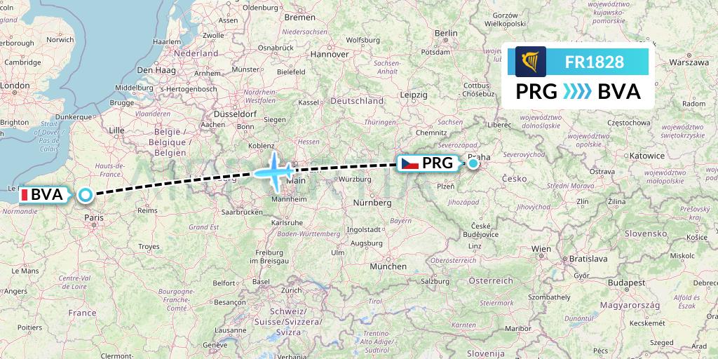 FR1828 Ryanair Flight Map: Prague to Paris