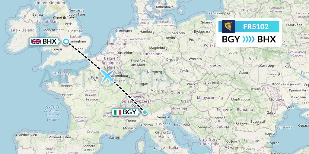 FR5102 Ryanair Flight Map: Milan to Birmingham