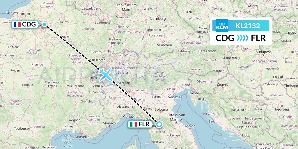 KL2132 KLM Flight Map: Paris to Florence