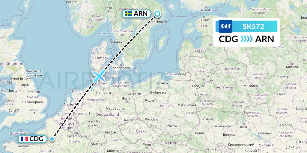 SK572 SAS Flight Map: Paris to Stockholm