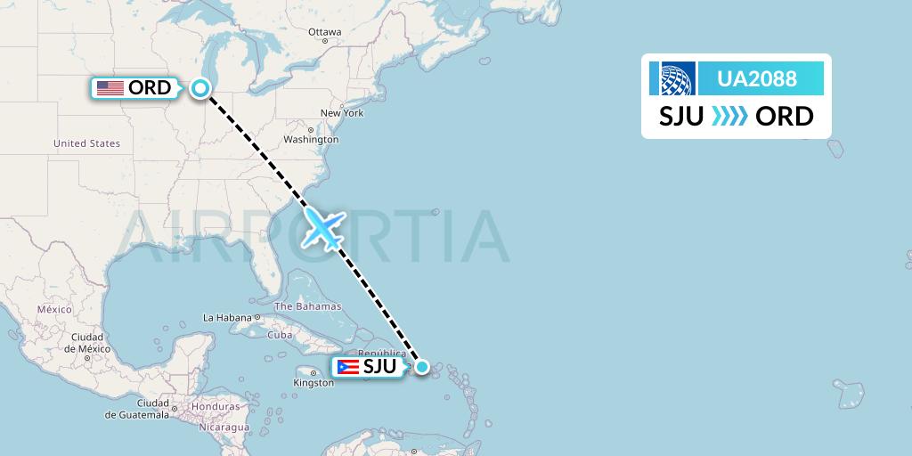 UA2088 United Airlines Flight Map: San Juan to Chicago