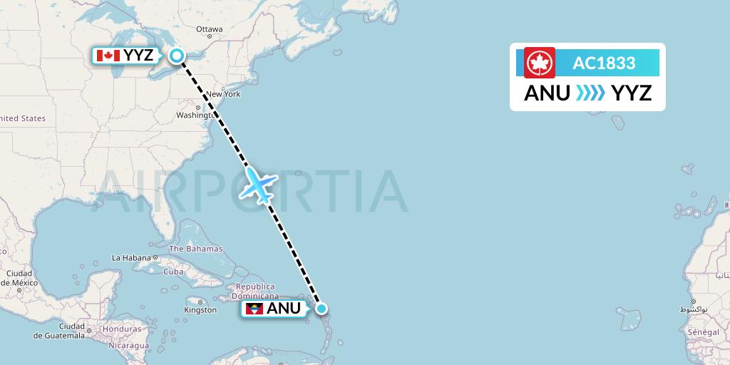 AC1833 Air Canada Flight Map: Antigua to Toronto