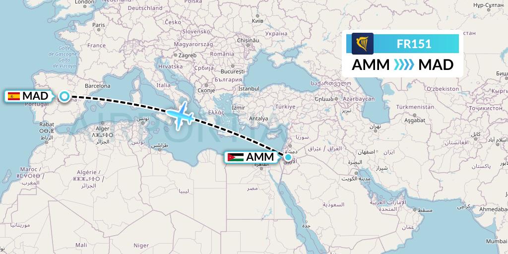FR151 Ryanair Flight Map: Amman to Madrid
