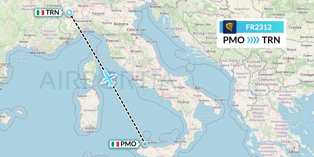 FR2312 Ryanair Flight Map: Palermo to Turin