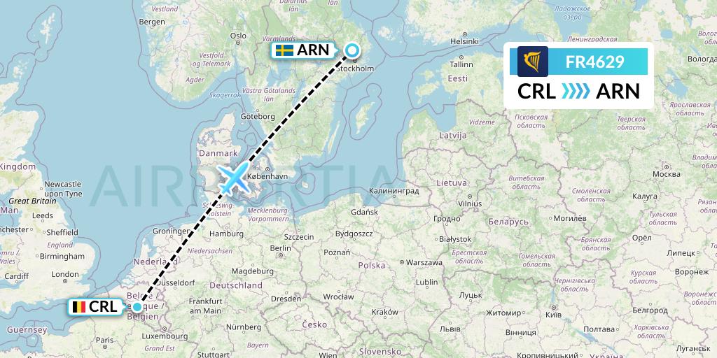 FR4629 Ryanair Flight Map: Brussels to Stockholm