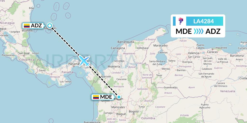 LA4284 LAN Airlines Flight Map: Medellin to San Andres Island