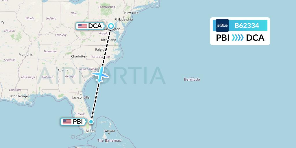 B62334 JetBlue Airways Flight Map: West Palm Beach to Washington
