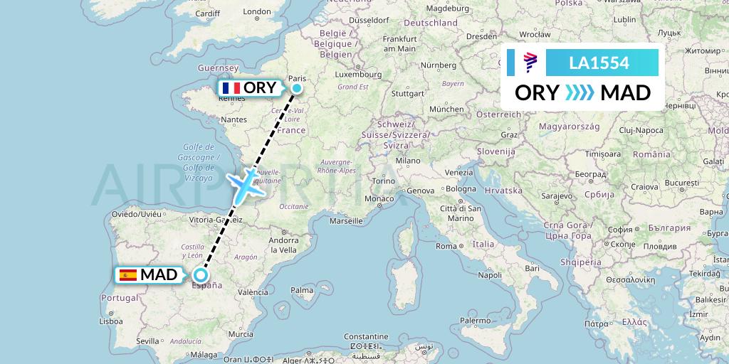 LA1554 LAN Airlines Flight Map: Paris to Madrid