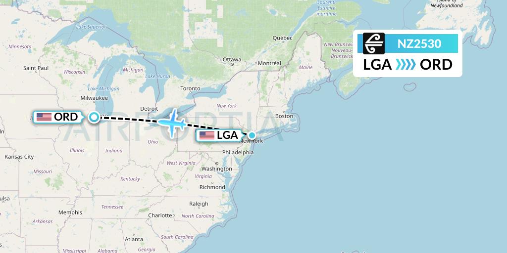 NZ2530 Air New Zealand Flight Map: New York to Chicago