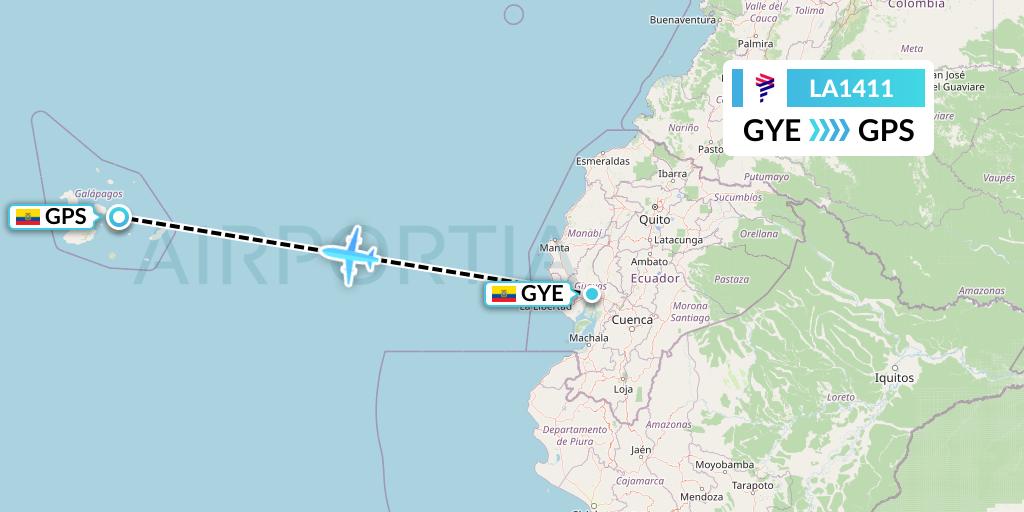 LA1411 LAN Airlines Flight Map: Guayaquil to Galapagos
