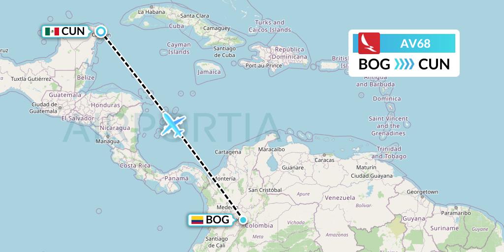 AV68 Avianca Flight Map: Bogota to Cancun