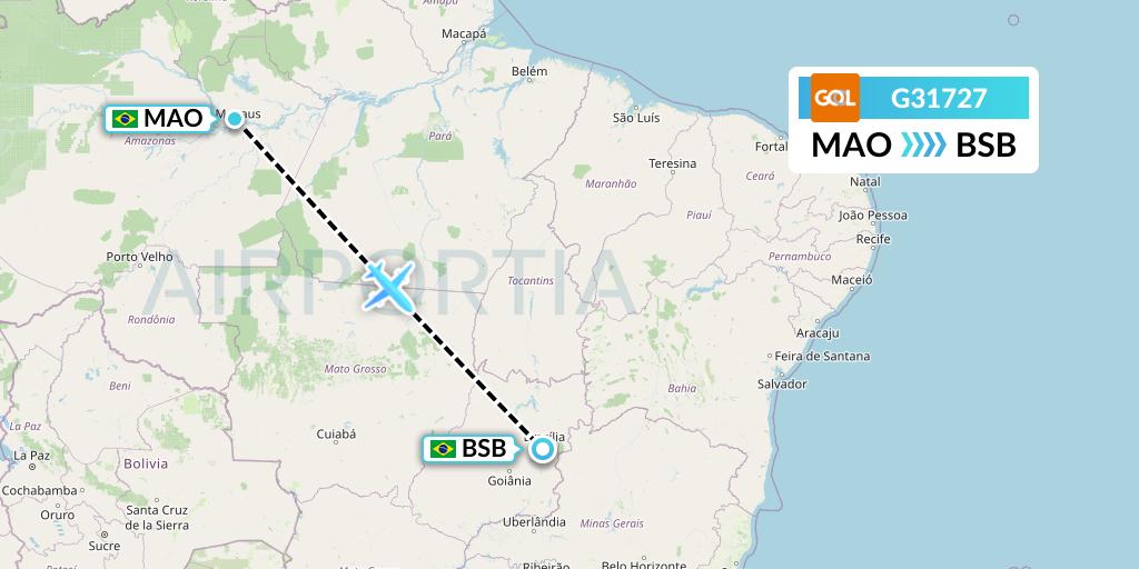 G31727 GOL Transportes Aeros Flight Map: Manaus to Brasilia