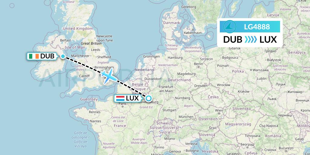 LG4888 Luxair Flight Map: Dublin to Luxembourg