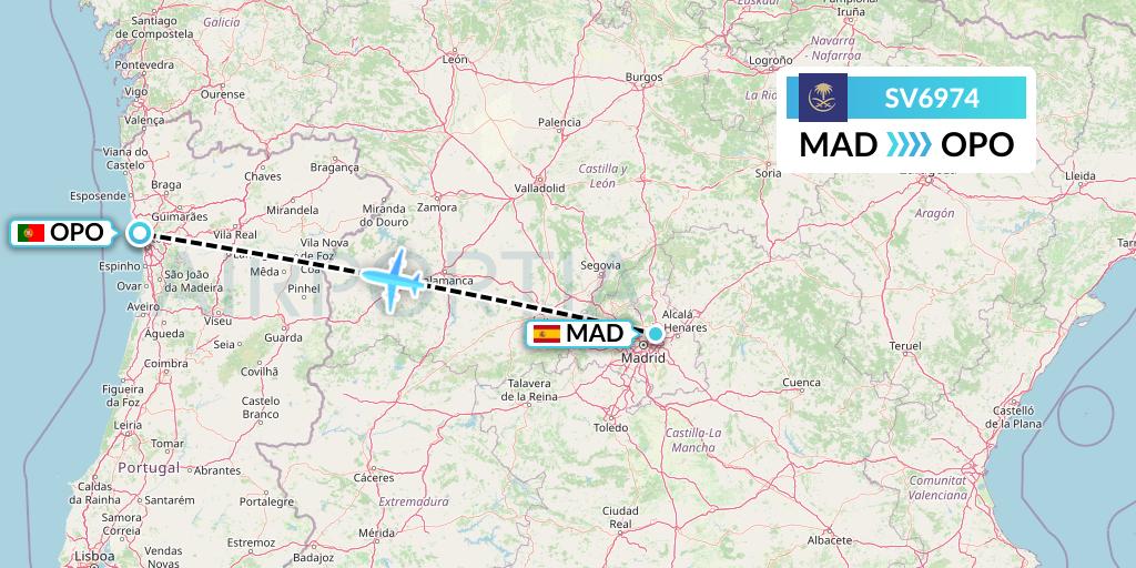 SV6974 Saudi Arabian Airlines Flight Map: Madrid to Porto