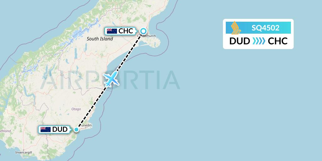 SQ4502 Singapore Airlines Flight Map: Dunedin to Christchurch