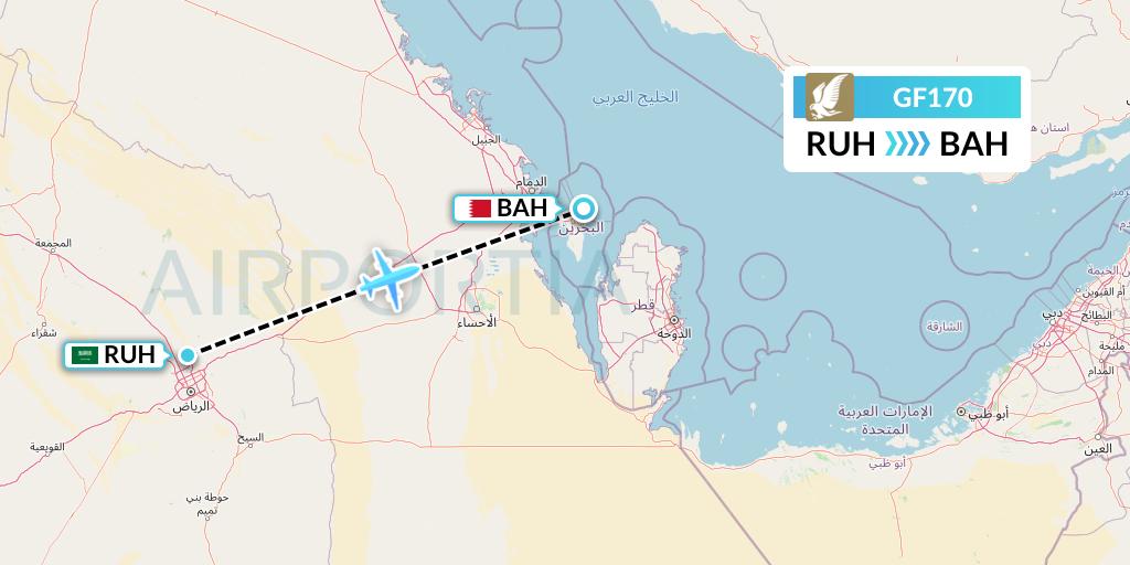 GF170 Gulf Air Flight Map: Riyadh to Bahrain
