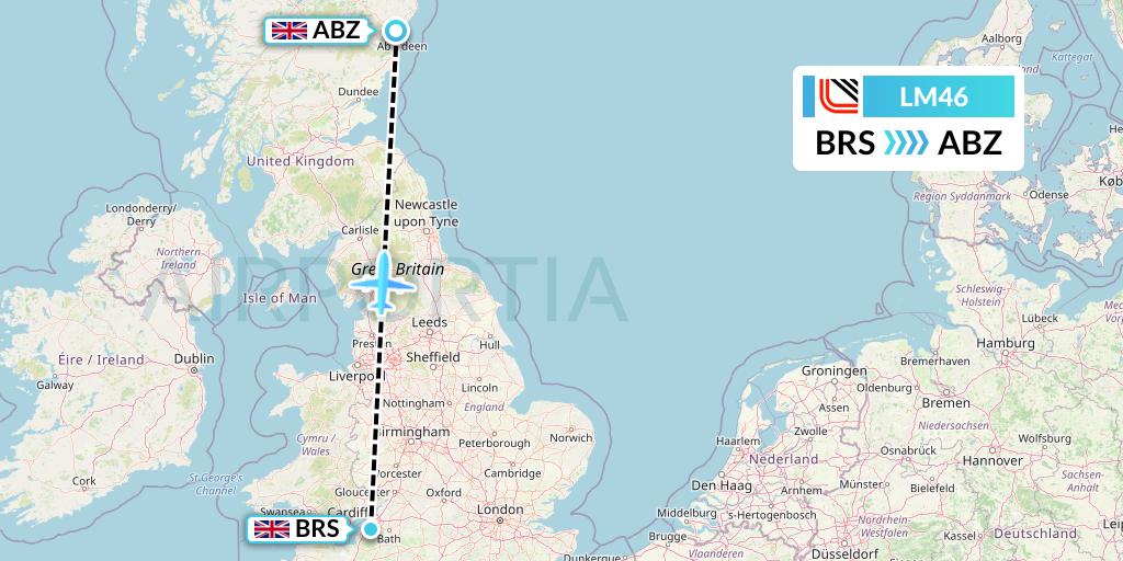LM46 Loganair Flight Map: Bristol to Aberdeen