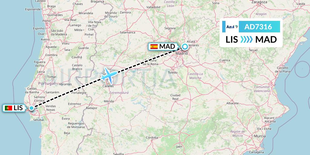 AD7316 Azul Brazilian Airlines Flight Map: Lisbon to Madrid