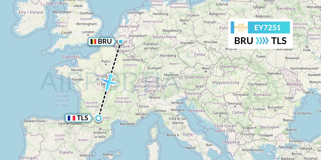 EY7251 Etihad Airways Flight Map: Brussels to Toulouse