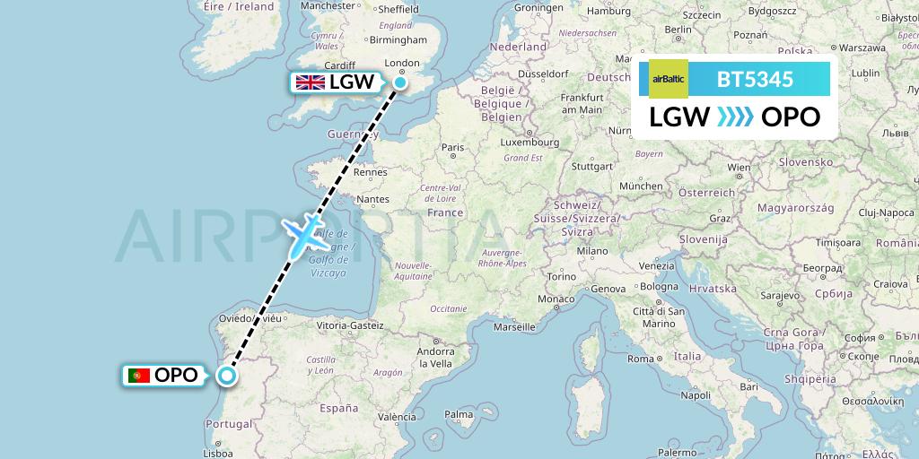 BT5345 Air Baltic Flight Map: London to Porto