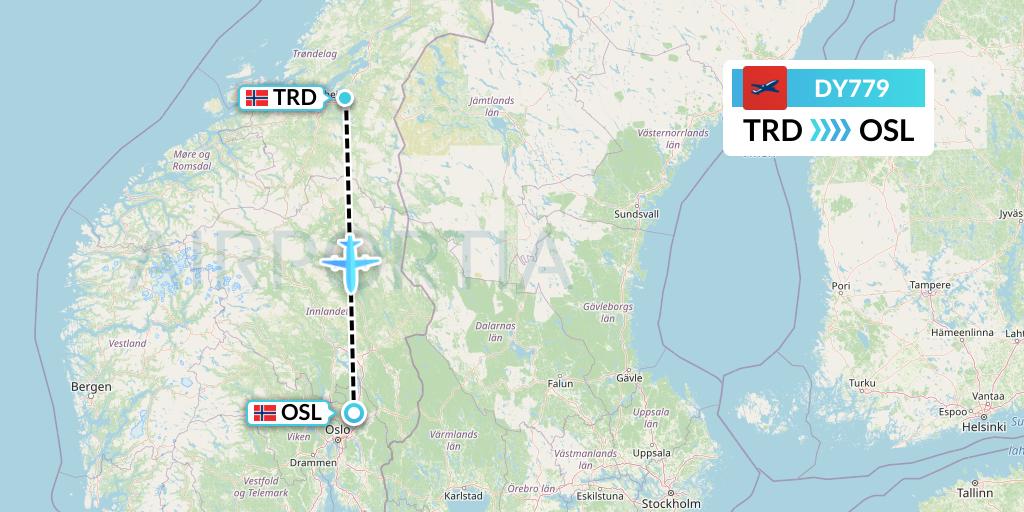 DY779 Norwegian Flight Map: Trondheim to Oslo