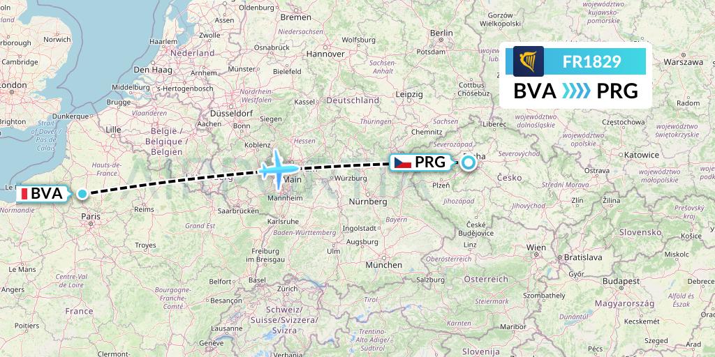 FR1829 Ryanair Flight Map: Paris to Prague