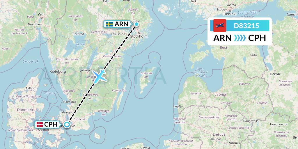 D83215 Norwegian Air International Flight Map: Stockholm to Copenhagen