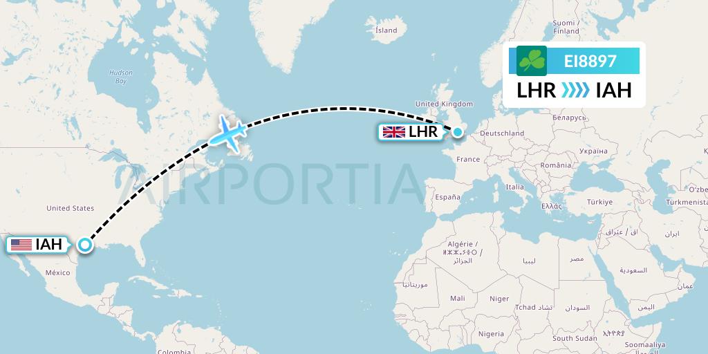 EI8897 Aer Lingus Flight Map: London to Houston