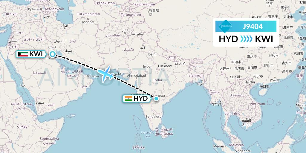 J9404 Jazeera Airways Flight Map: Hyderabad to Kuwait City