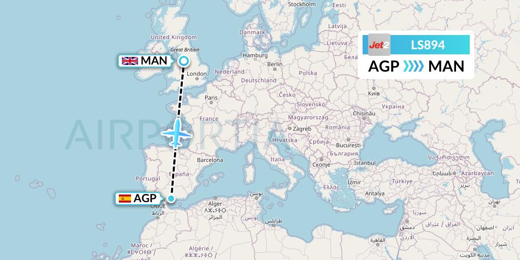 LS894 Jet2 Flight Map: Malaga to Manchester