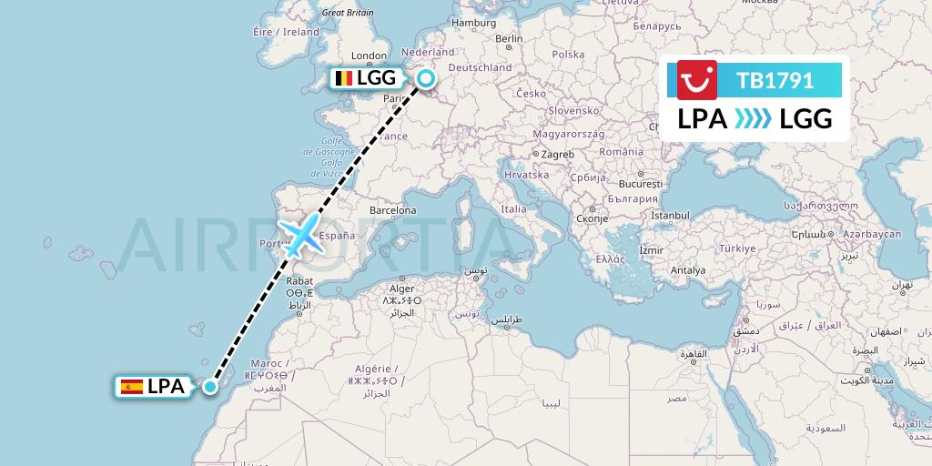 TB1791 TUI fly Belgium Flight Map: Las Palmas to Liege