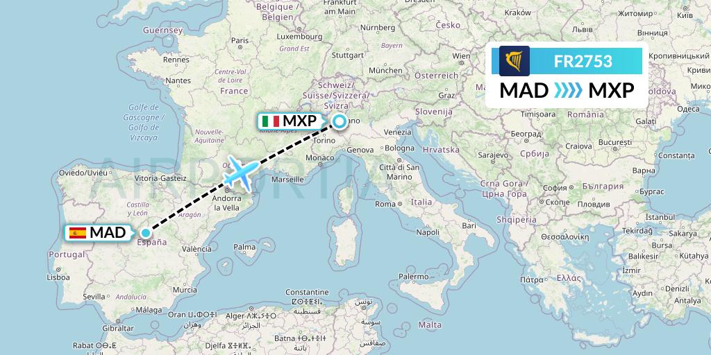 FR2753 Ryanair Flight Map: Madrid to Milan