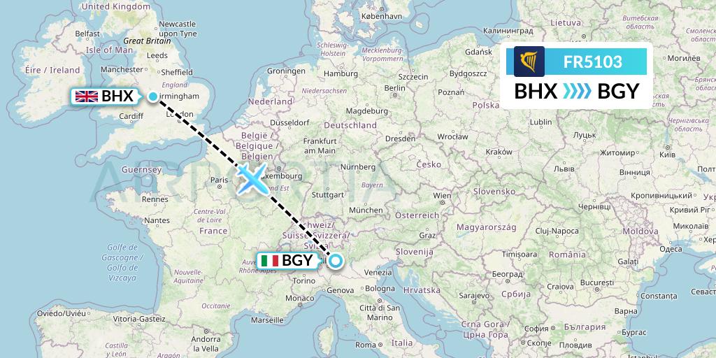 FR5103 Ryanair Flight Map: Birmingham to Milan