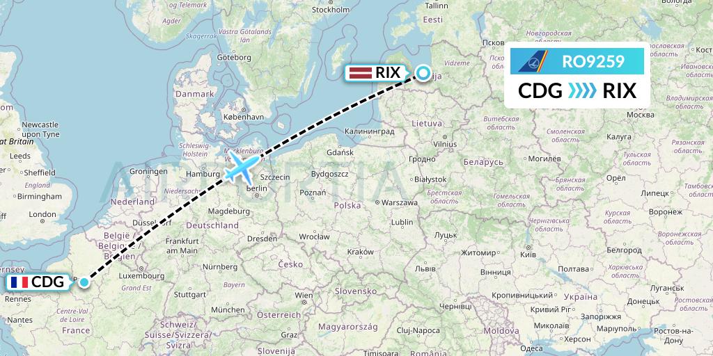 RO9259 Tarom Flight Map: Paris to Riga