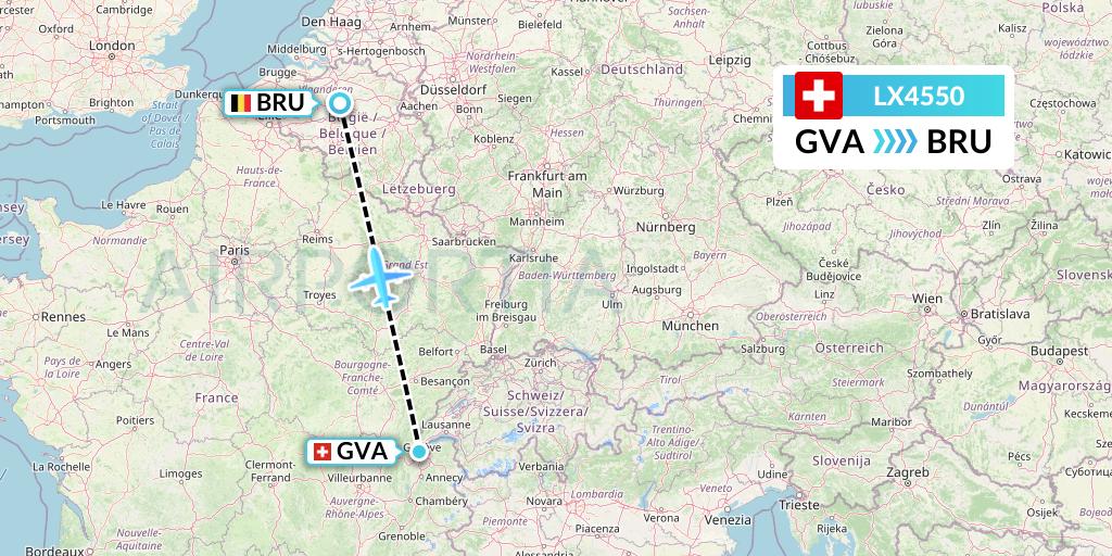 LX4550 Swiss Flight Map: Geneva to Brussels