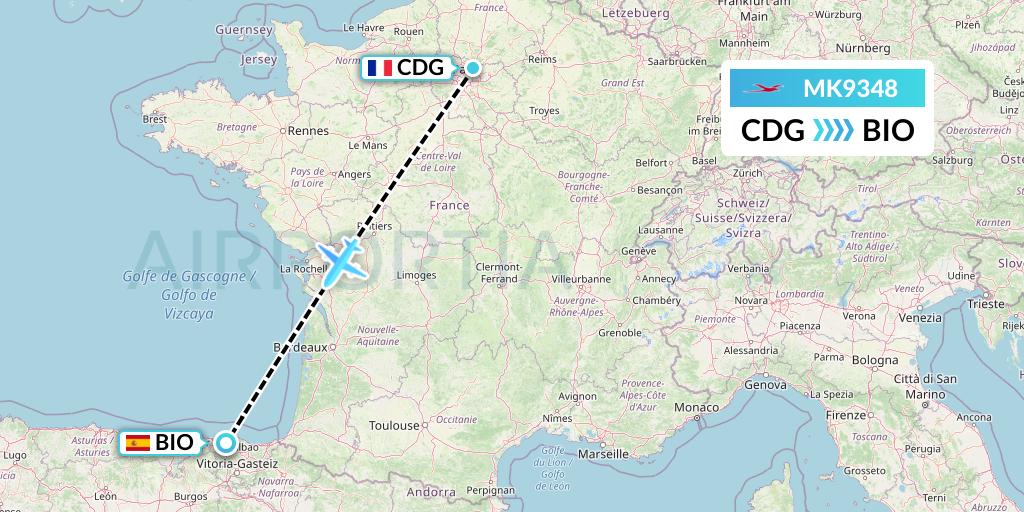 MK9348 Air Mauritius Flight Map: Paris to Bilbao