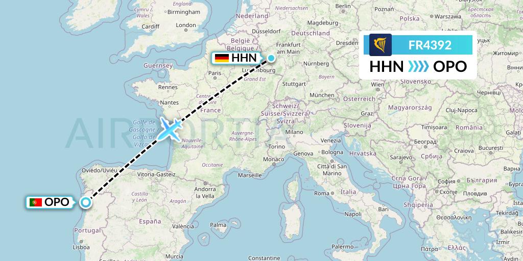 FR4392 Ryanair Flight Map: Hahn to Porto
