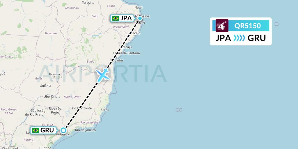 QR5150 Qatar Airways Flight Map: Joao Pessoa to Sao Paulo