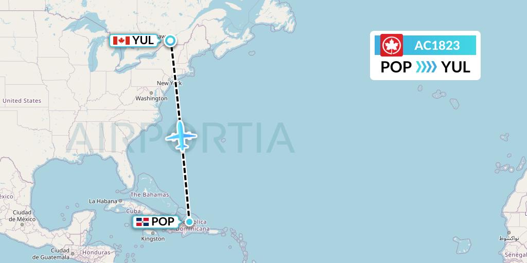 AC1823 Air Canada Flight Map: Puerto Plata to Montreal