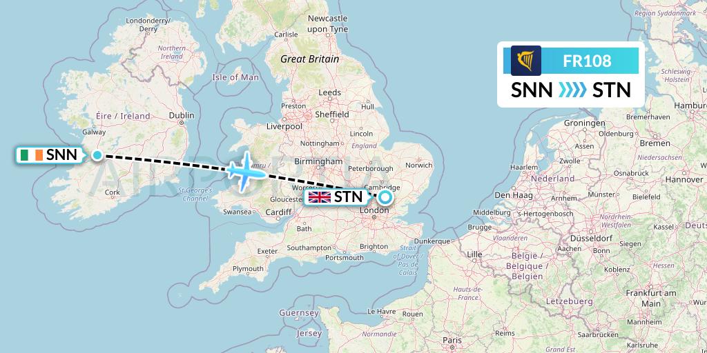 FR108 Ryanair Flight Map: Shannon to London