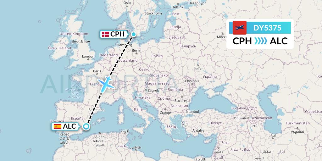 DY5375 Norwegian Flight Map: Copenhagen to Alicante