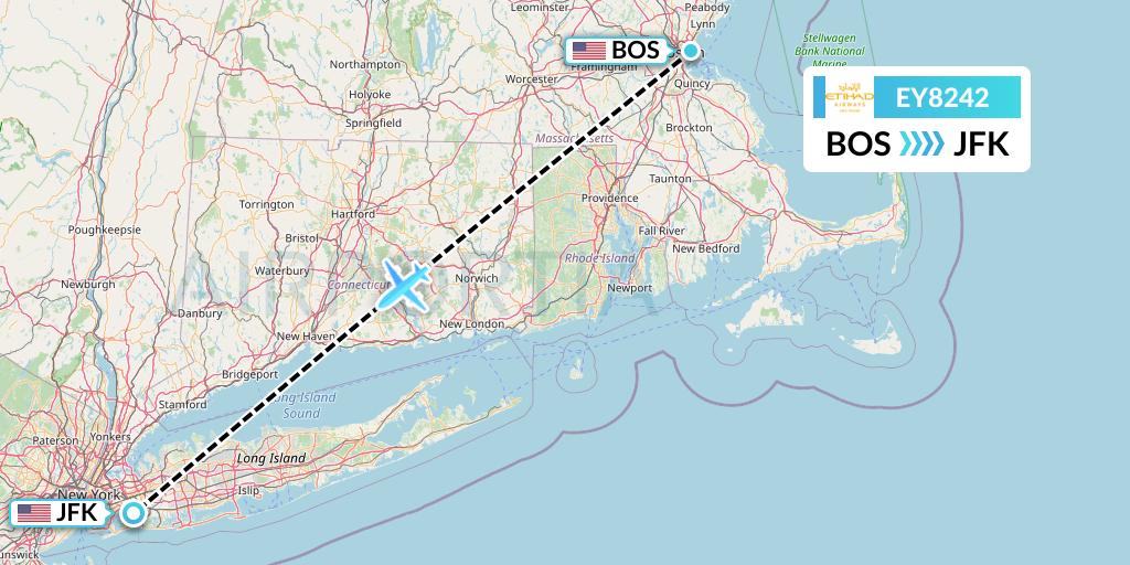 EY8242 Etihad Airways Flight Map: Boston to New York