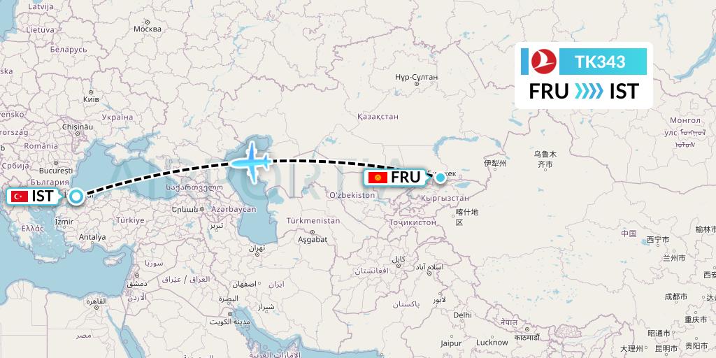 TK343 Turkish Airlines Flight Map: Bishkek to Istanbul